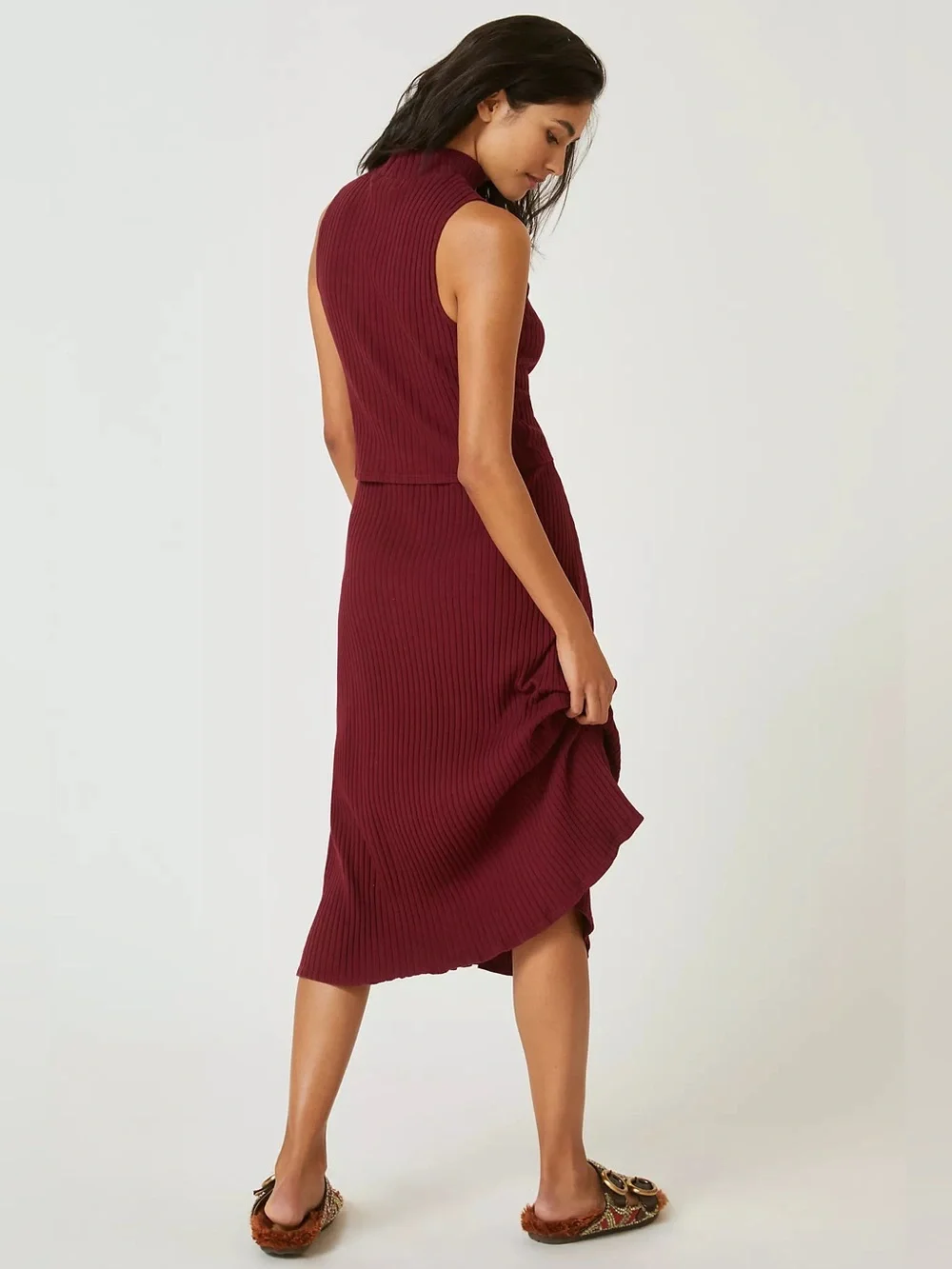 NWT Anthropologie T.La Cozy Rib Knit Skirt and Top Set L Two Piece Burgundy Red